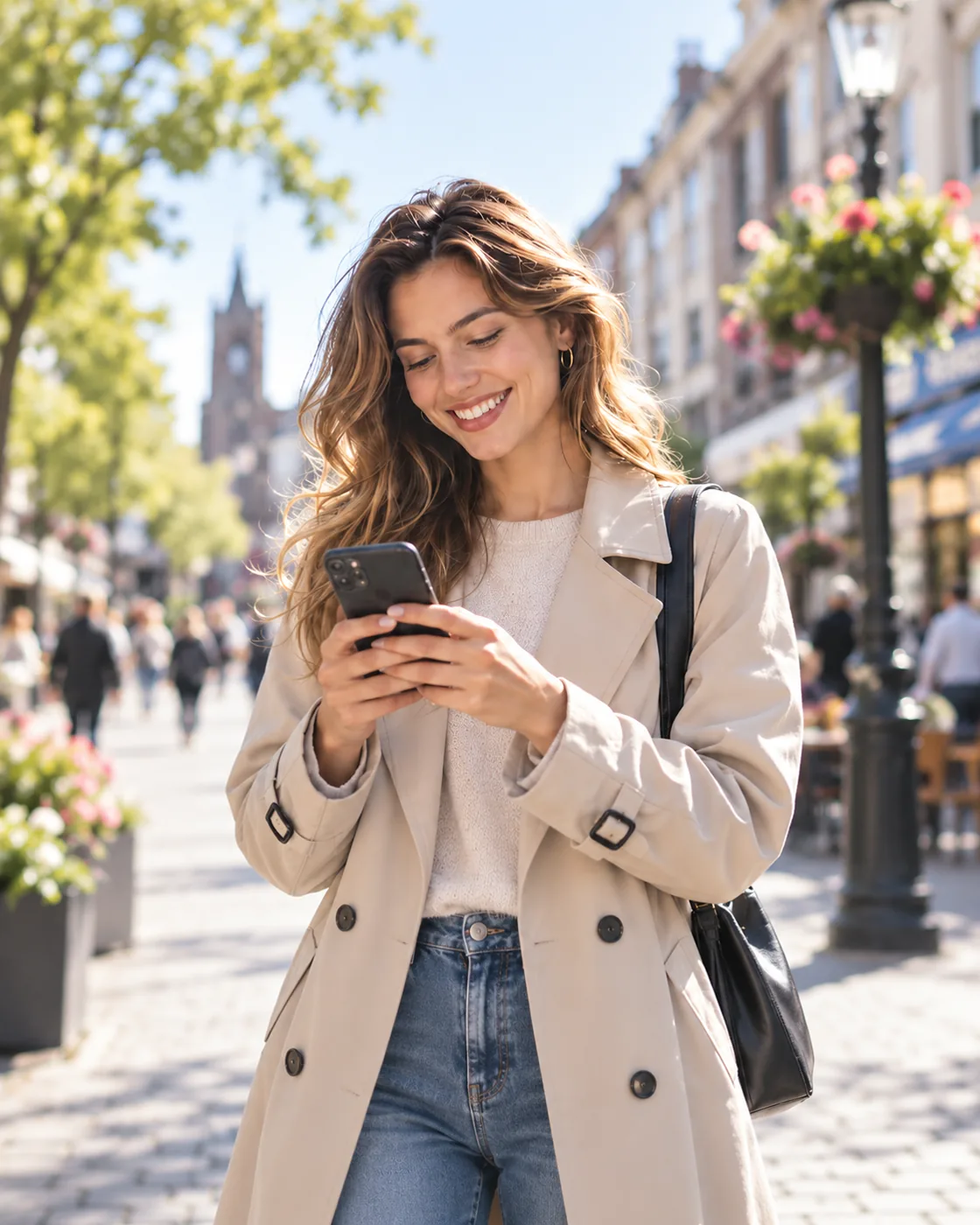 Klant met haar telefoon in het centrum van Baarle-Nassau